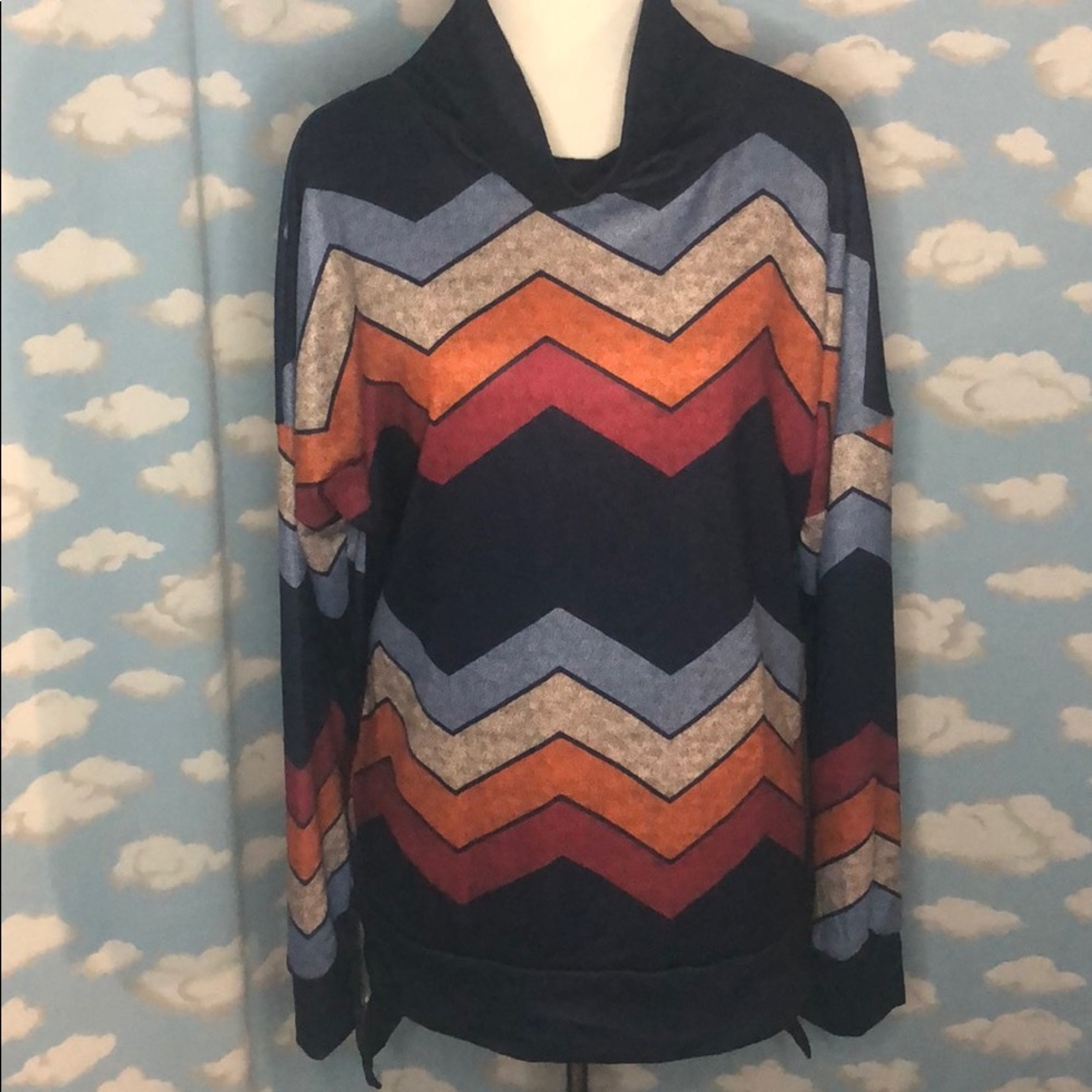 Chevron Striped‎ long sleeve cowl neck top Navy, Red, Orange Size Large